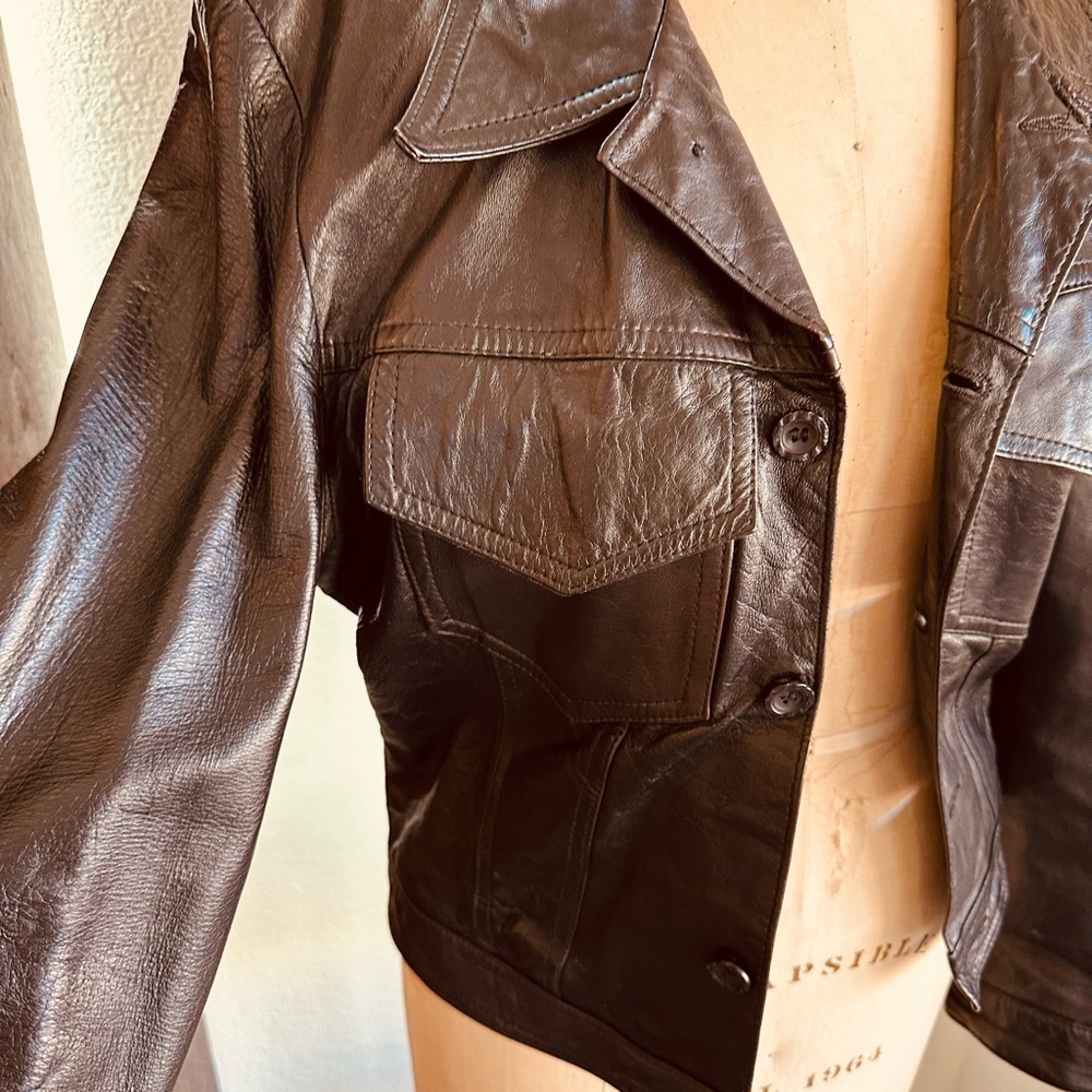 Vintage 1970s Black Leather Jacket with Dagger Collar - Picture 3 of 7